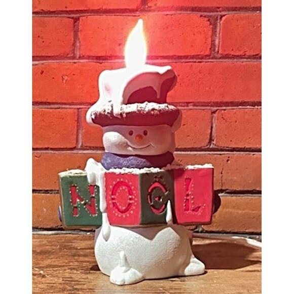 Vintage Hand Painted Ceramic Snowman Holding NOEL Sign – Lighted, 10" Tall - Picture 1 of 8